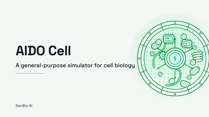 Title graphic for AIDO Cell, a general-purpose simulator for cell biology by GenBio AI, with a green line illustration of a cell containing organelles and circuit-like elements.