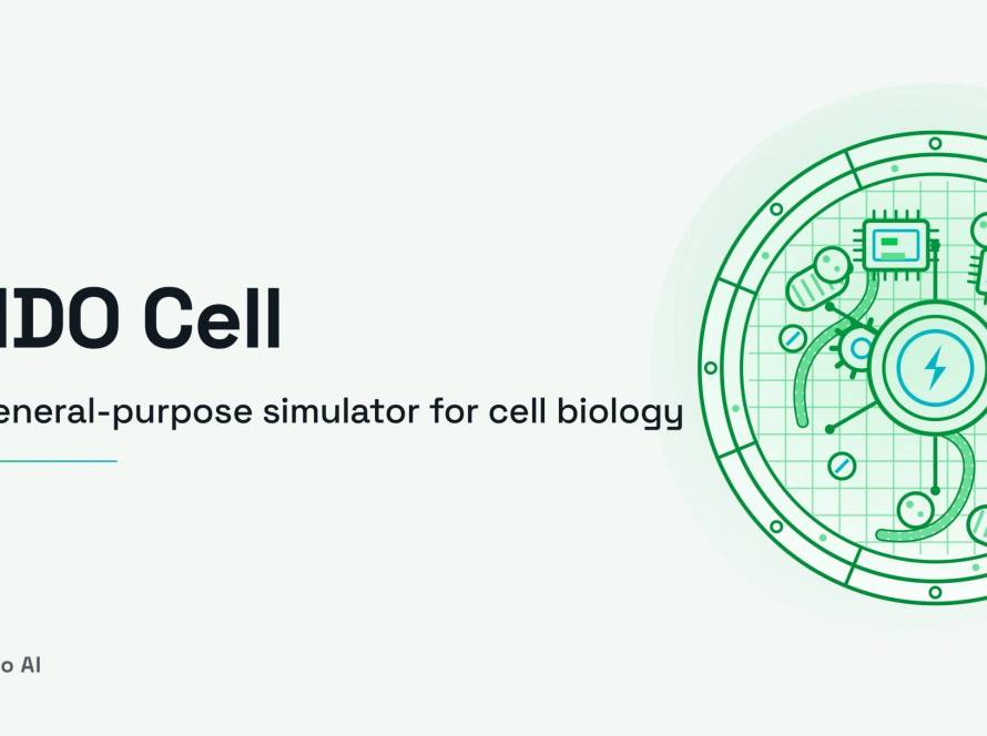 Title graphic for AIDO Cell, a general-purpose simulator for cell biology by GenBio AI, with a green line illustration of a cell containing organelles and circuit-like elements.